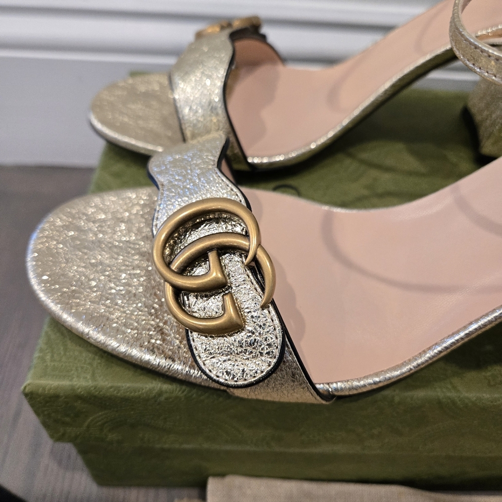 $920 Gucci Marmont GG Metallic Gold Leather Block Heel  Sandals EU 41.5 US 11.5 - Picture 7 of 12